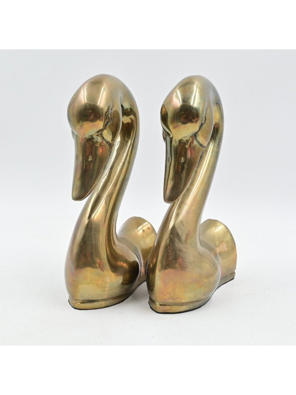 MCM Brass Swan Bookends Heavy Gold Bird Figurines Art Deco Decor Pair Vintage